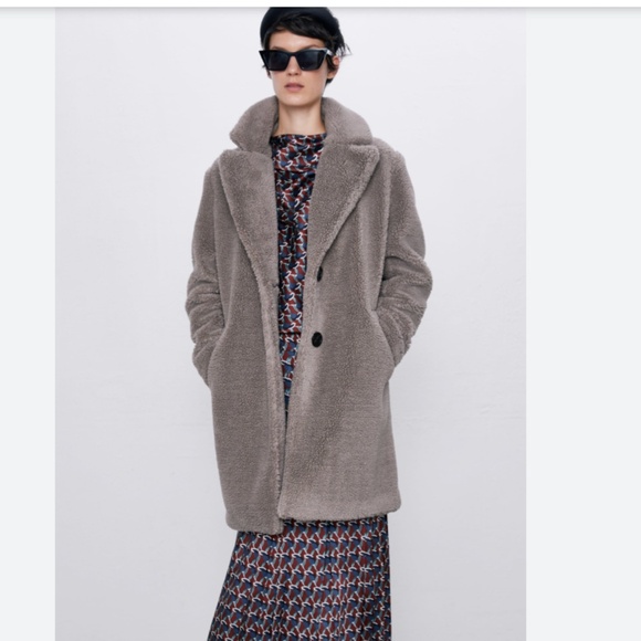 Zara Fleece Teddy Bear faux fur knee-length coat jacket gray women's medium - Picture 3 of 8